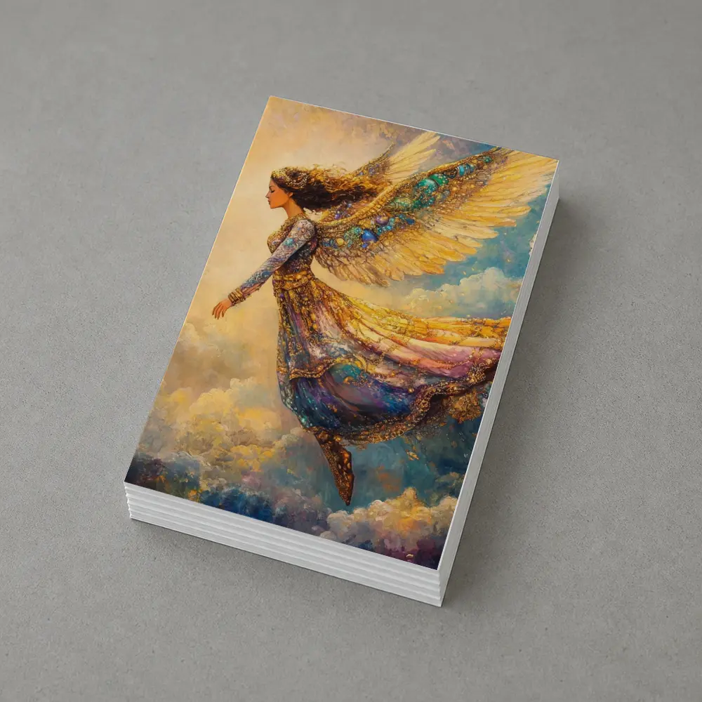Angel Woman Flying Through Golden Clouds – Postcards