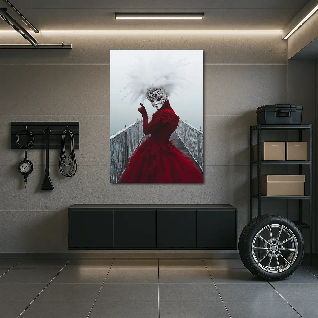 Venetian Masked Woman Red Dress Foggy Bridge – Wall Art