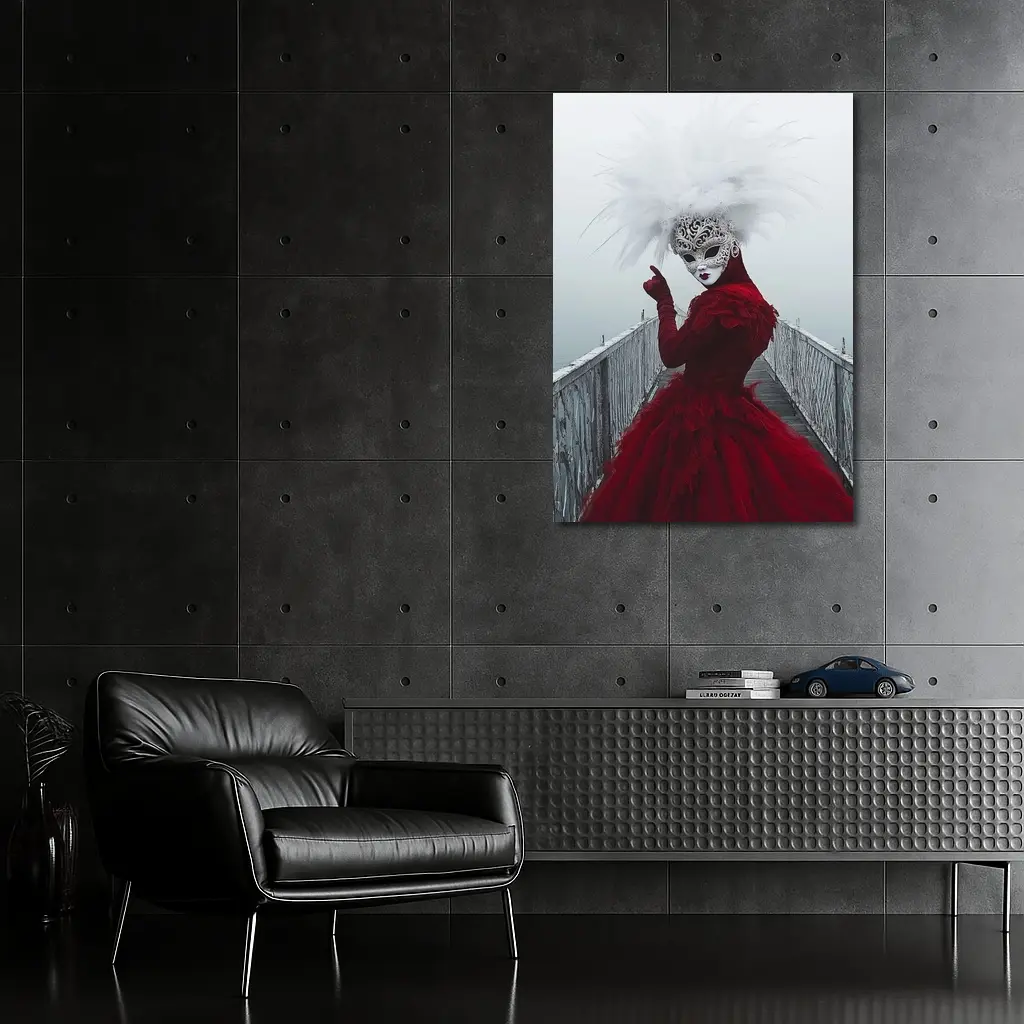 Venetian Masked Woman Red Dress Foggy Bridge – Wall Art