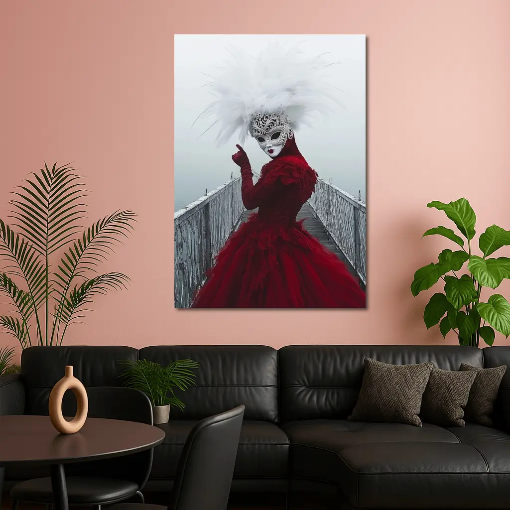 Venetian Masked Woman Red Dress Foggy Bridge – Wall Art