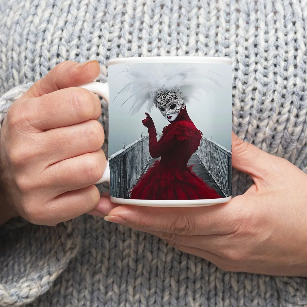 Venetian Masked Woman Red Dress Foggy Bridge – Mugs
