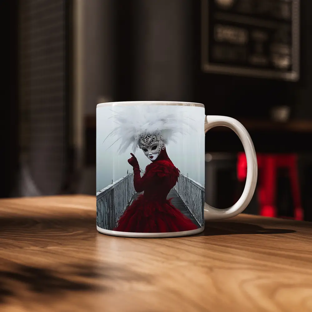 Venetian Masked Woman Red Dress Foggy Bridge – Mugs