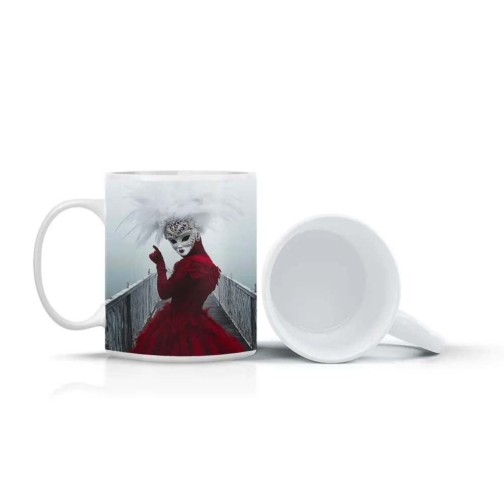 Venetian Masked Woman Red Dress Foggy Bridge – Mugs
