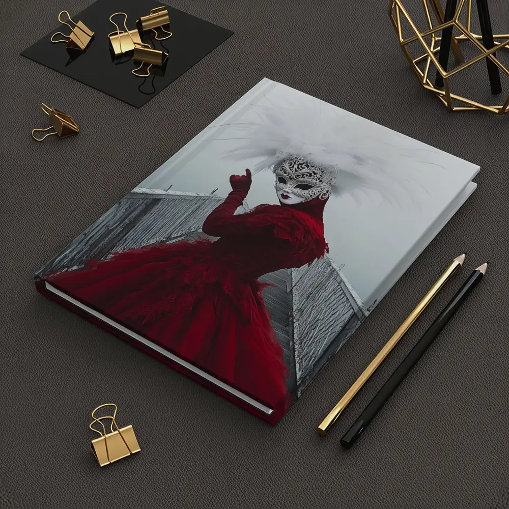 Venetian Masked Woman Red Dress Foggy Bridge – Notebooks