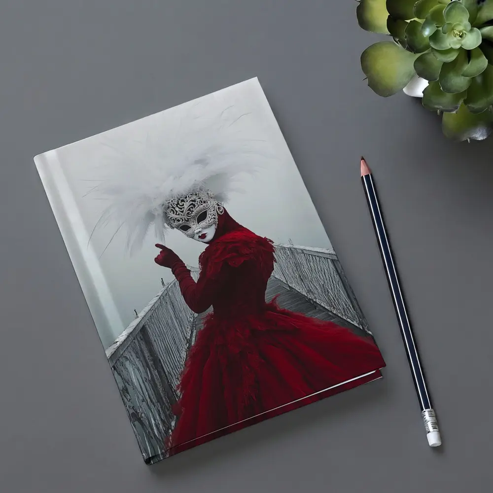 Venetian Masked Woman Red Dress Foggy Bridge – Notebooks