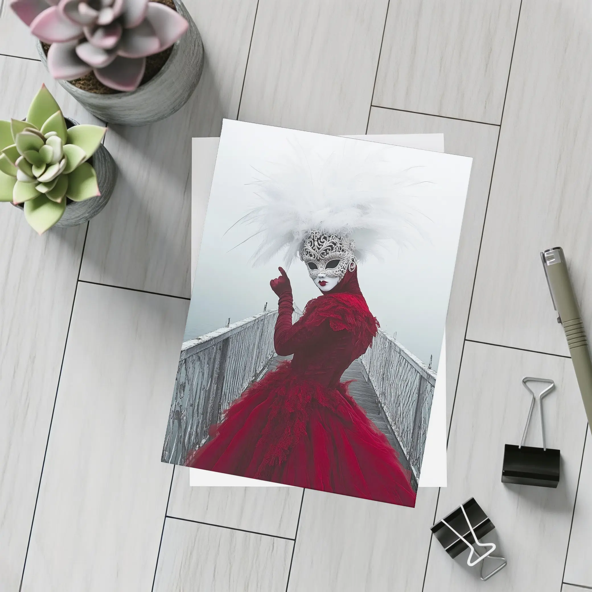 Venetian Masked Woman Red Dress Foggy Bridge – Postcards