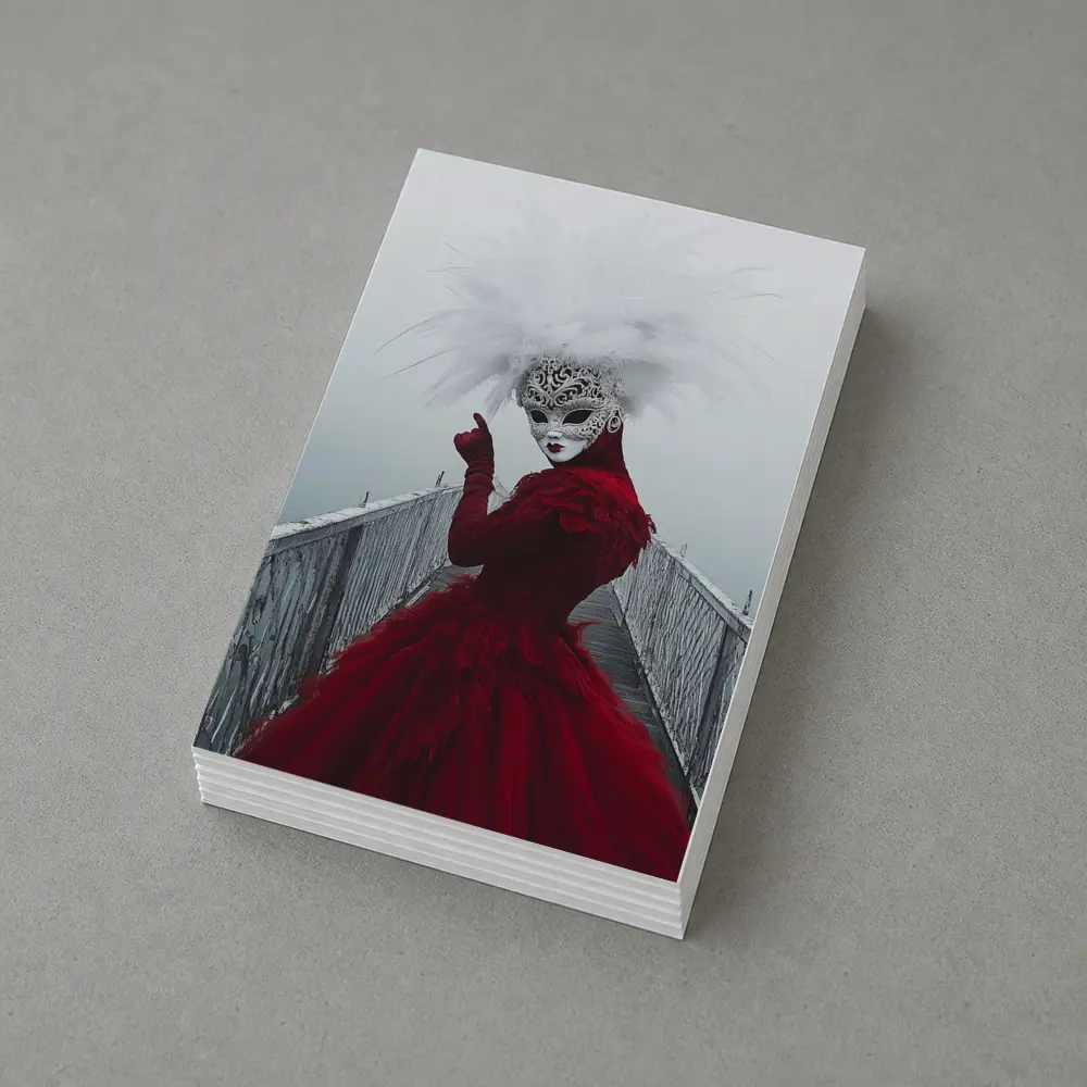 Venetian Masked Woman Red Dress Foggy Bridge – Postcards