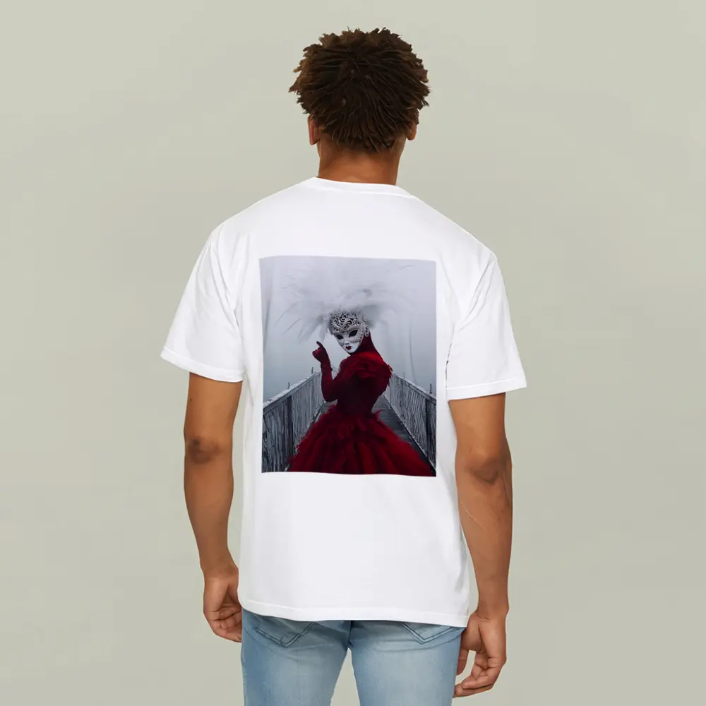 Venetian Masked Woman Red Dress Foggy Bridge – T-Shirts