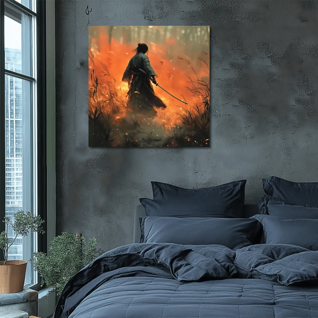 Samurai Warrior Standing Before Burning Field – Wall Art