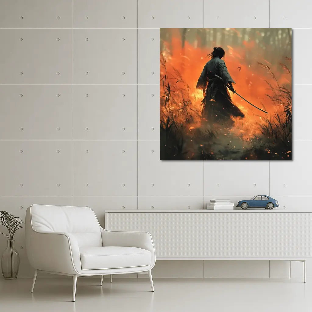 Samurai Warrior Standing Before Burning Field – Wall Art