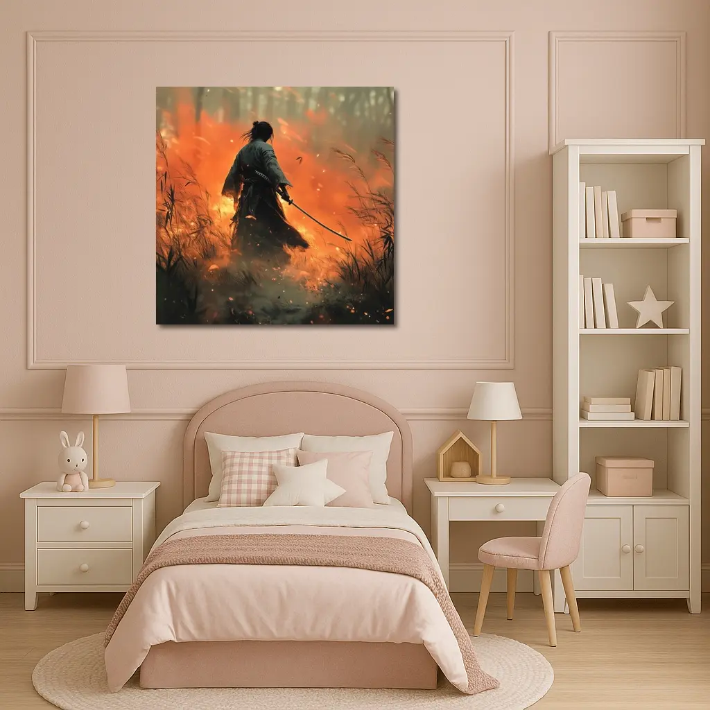 Samurai Warrior Standing Before Burning Field – Wall Art