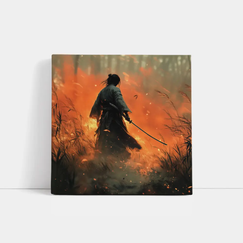 Samurai Warrior Standing Before Burning Field – Wall Art