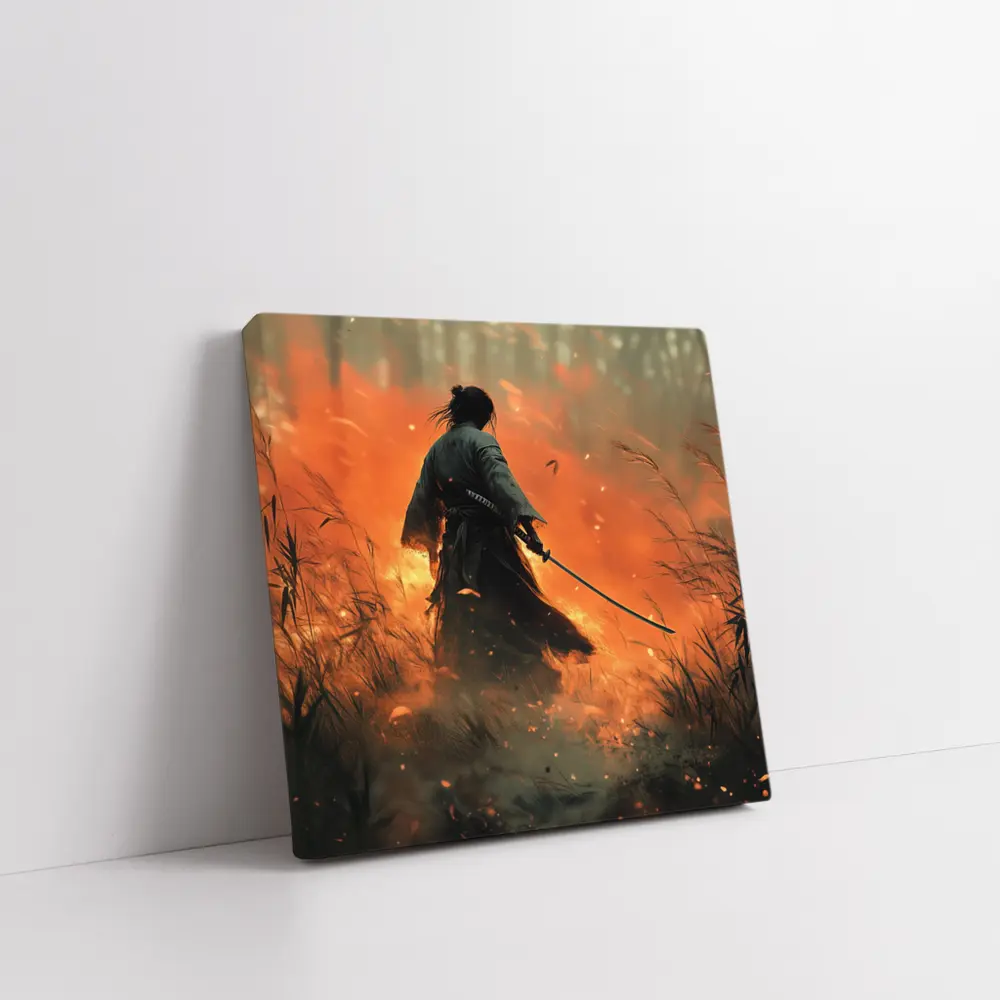 Samurai Warrior Standing Before Burning Field – Wall Art