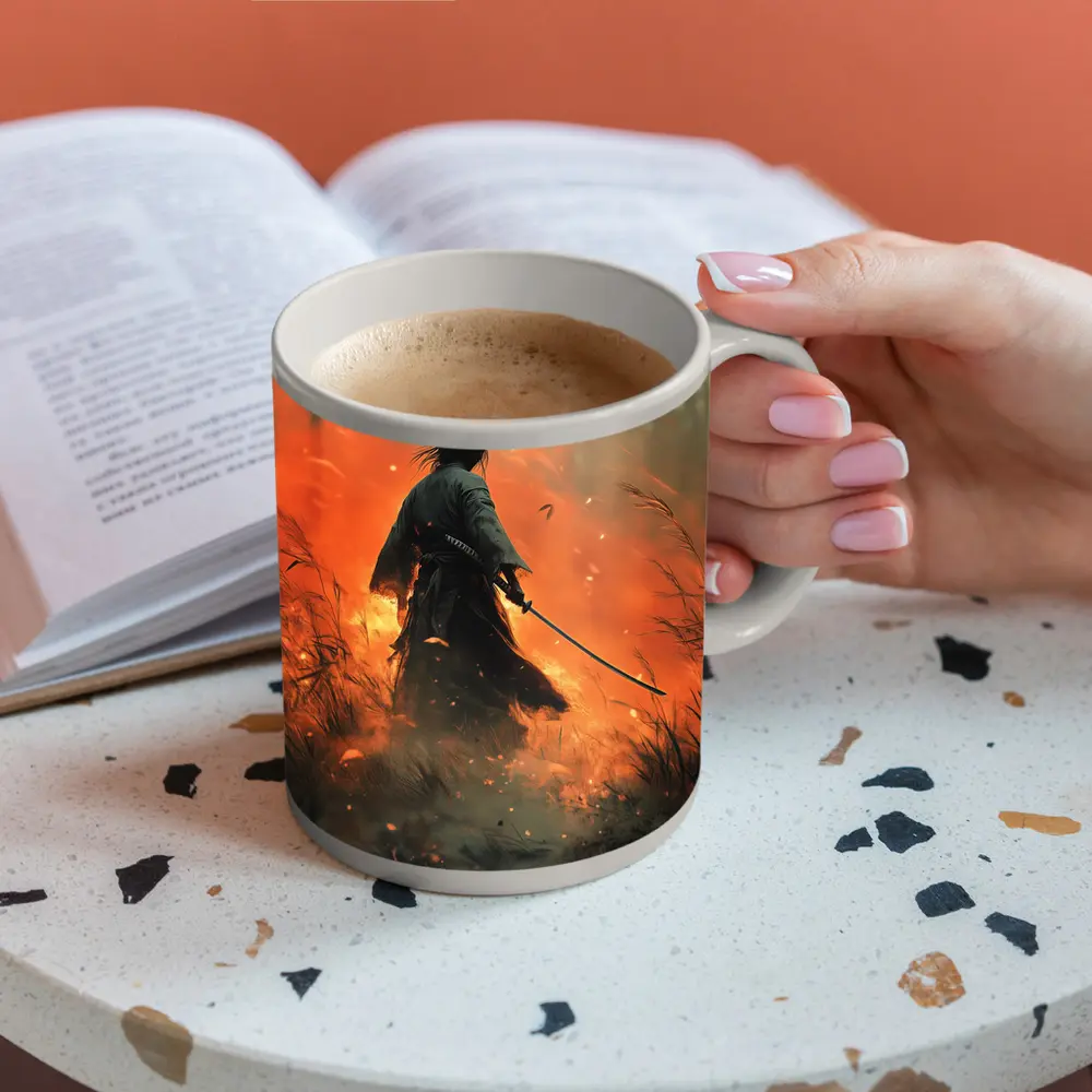 Samurai Warrior Standing Before Burning Field – Mugs