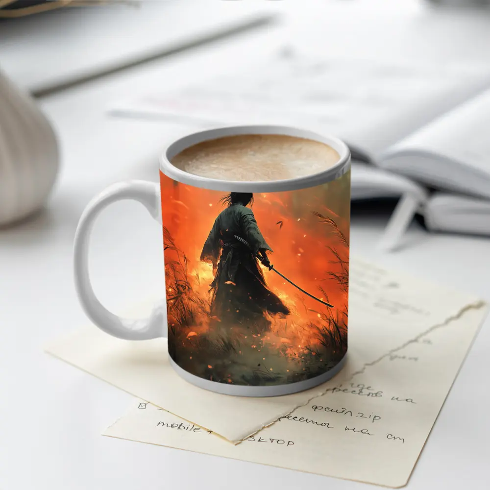 Samurai Warrior Standing Before Burning Field – Mugs