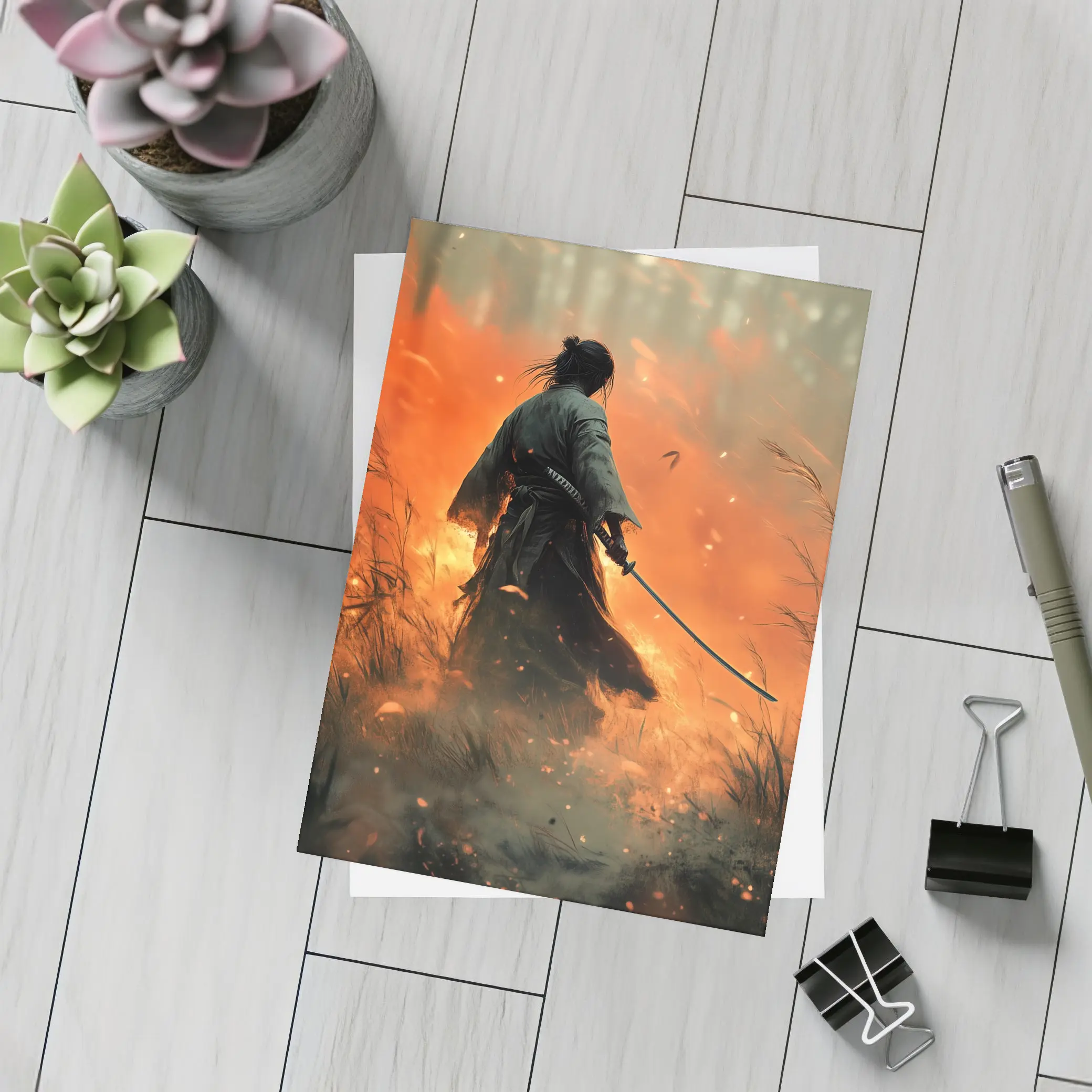 Samurai Warrior Standing Before Burning Field – Postcards
