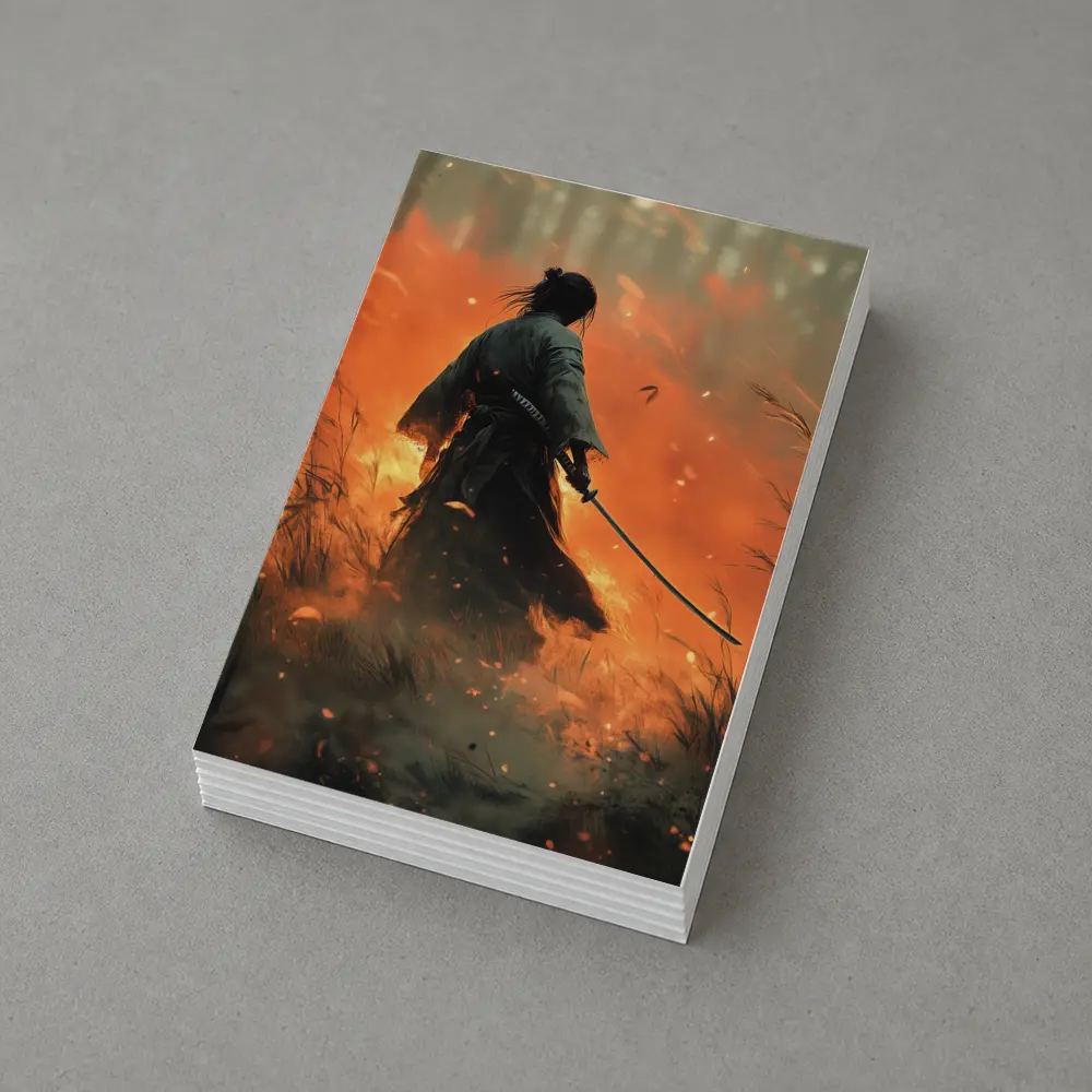 Samurai Warrior Standing Before Burning Field – Postcards