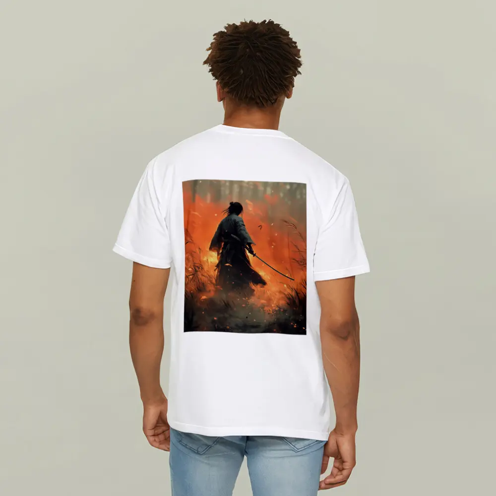 Samurai Warrior Standing Before Burning Field – T-Shirts