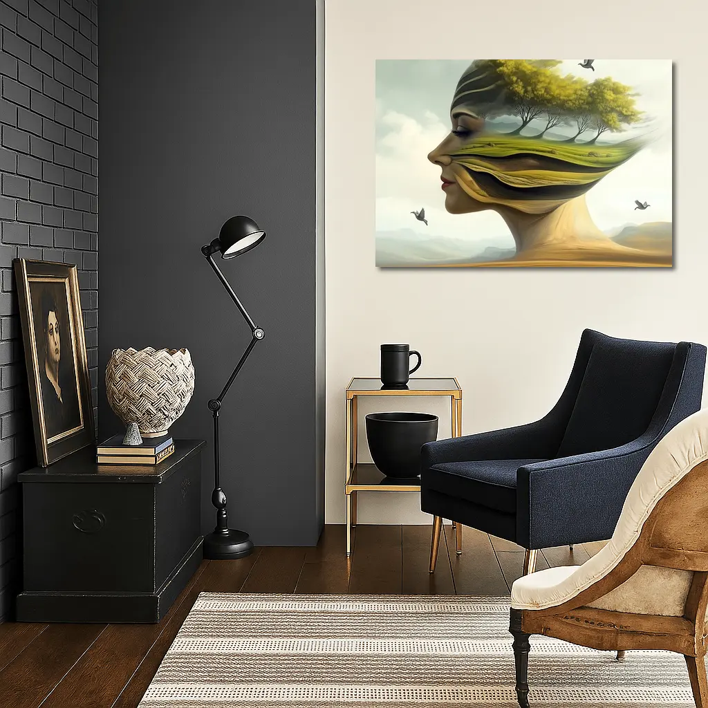 Surreal Woman Face Nature Landscape Birds – Wall Art