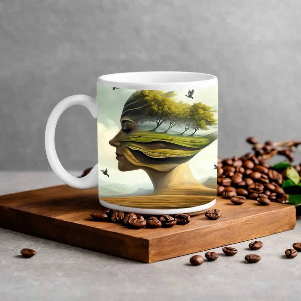 Surreal Woman Face Nature Landscape Birds – Mugs