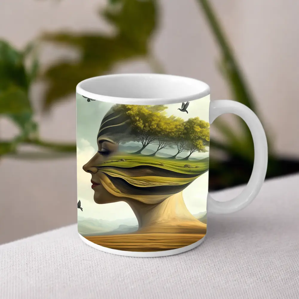 Surreal Woman Face Nature Landscape Birds – Mugs