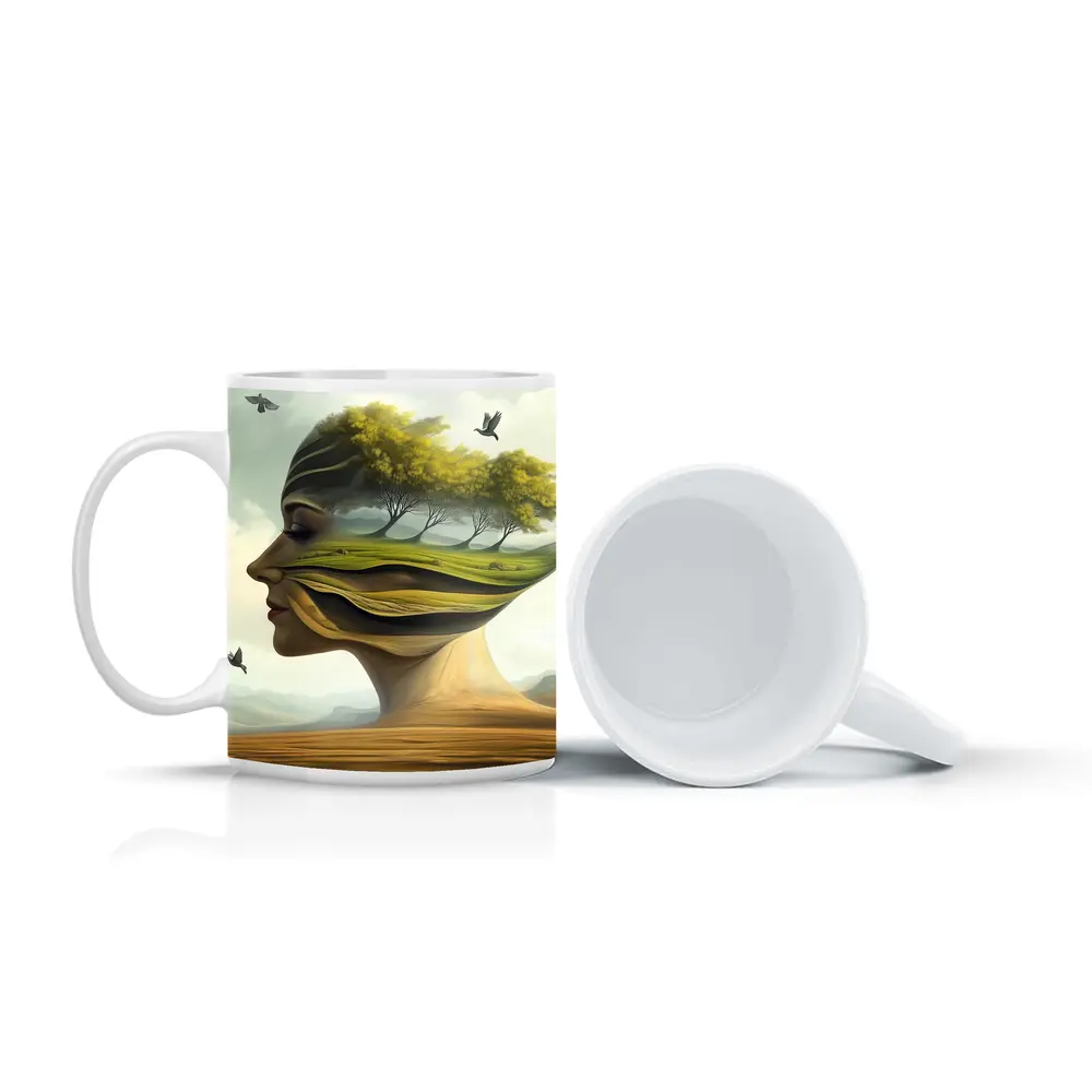 Surreal Woman Face Nature Landscape Birds – Mugs