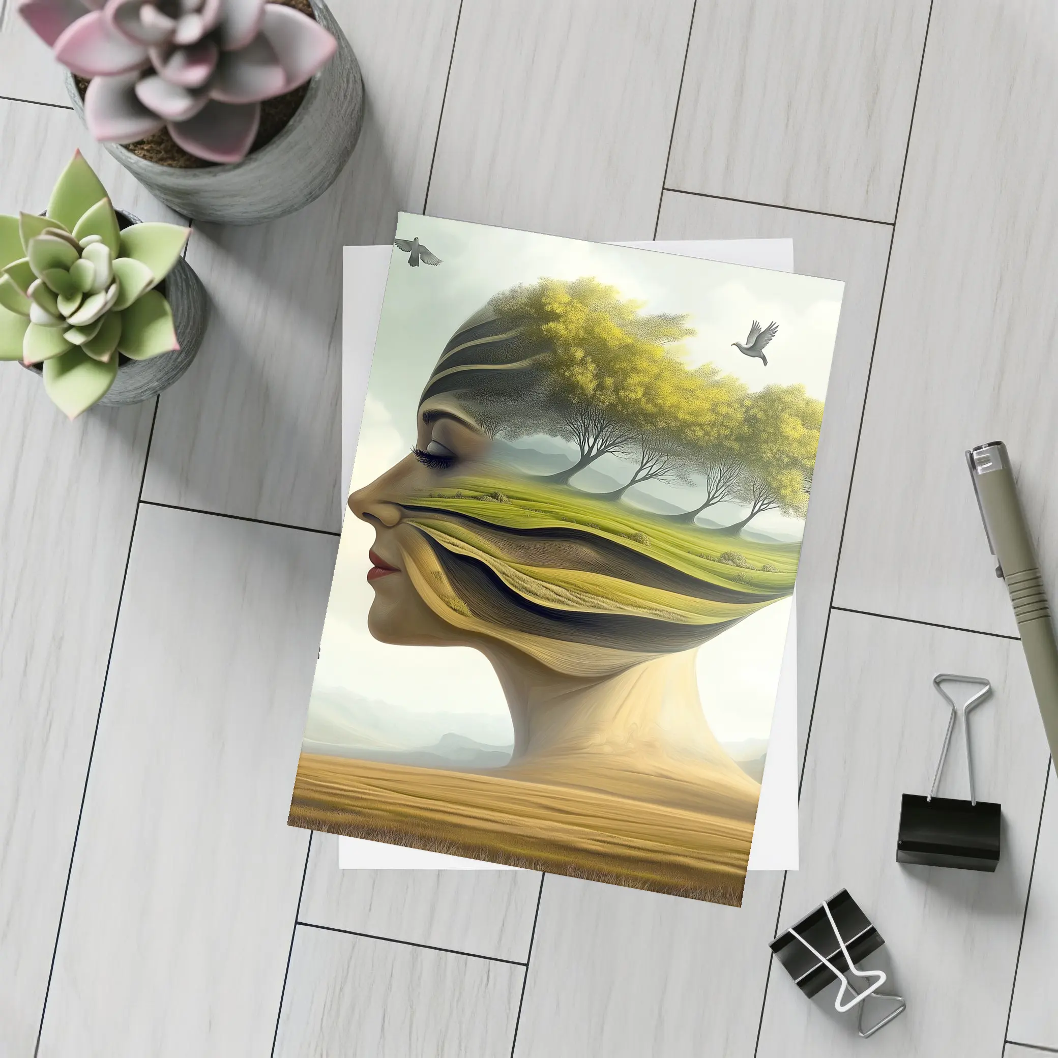 Surreal Woman Face Nature Landscape Birds – Postcards