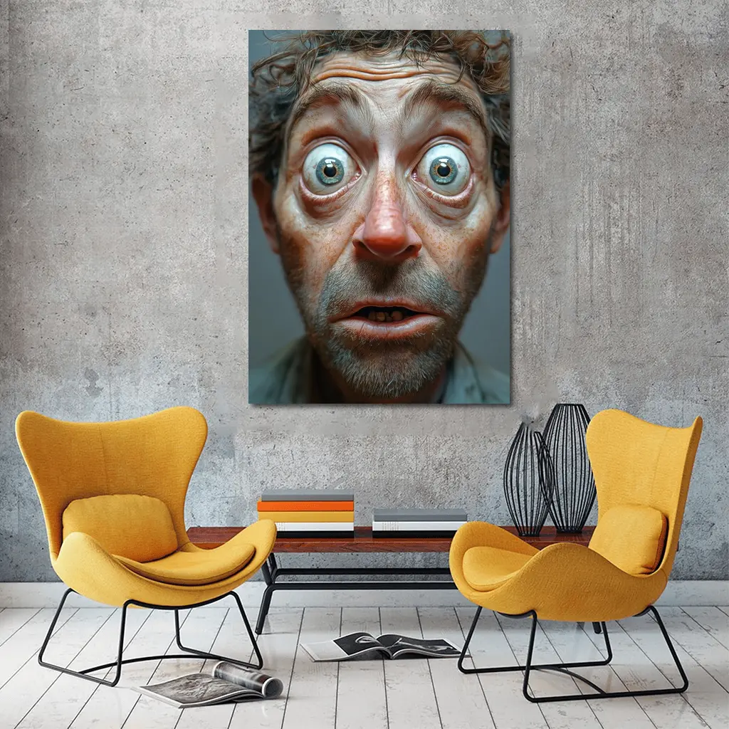 Funny Exaggerated Man Face Portrait Gray Background – Wall Art