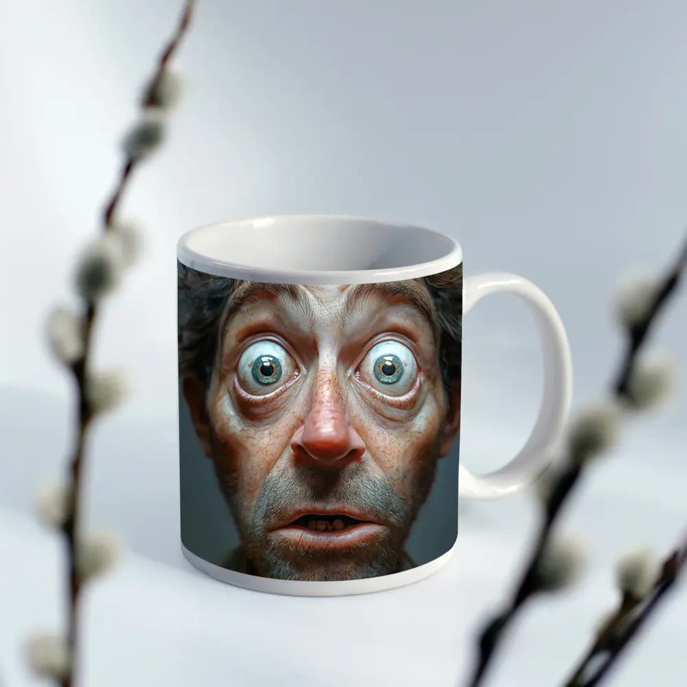 Funny Exaggerated Man Face Portrait Gray Background – Mugs