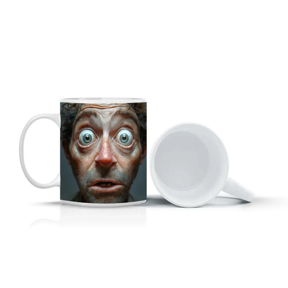 Funny Exaggerated Man Face Portrait Gray Background – Mugs