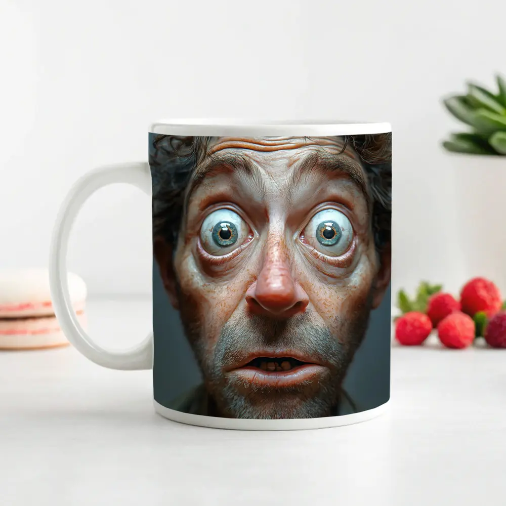 Funny Exaggerated Man Face Portrait Gray Background – Mugs