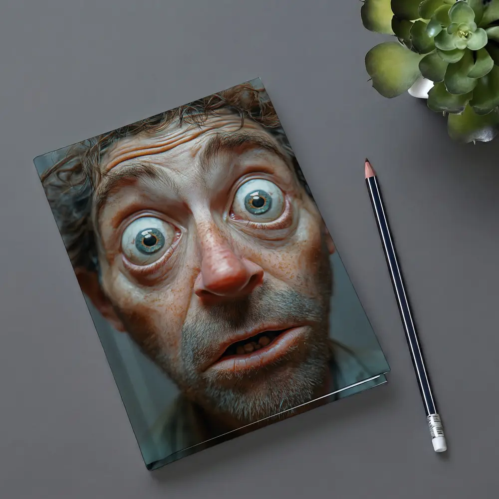 Funny Exaggerated Man Face Portrait Gray Background – Notebooks