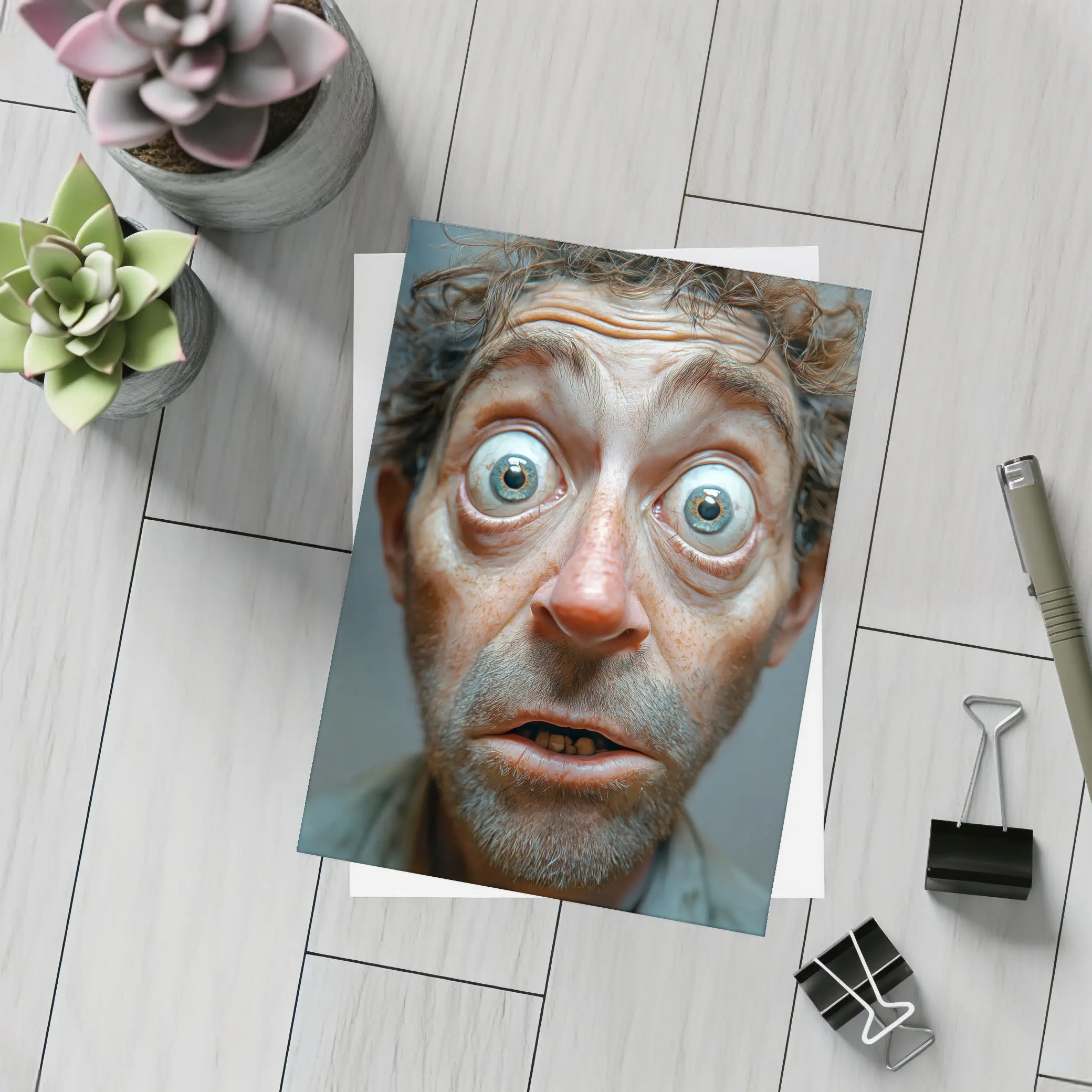 Funny Exaggerated Man Face Portrait Gray Background – Postcards