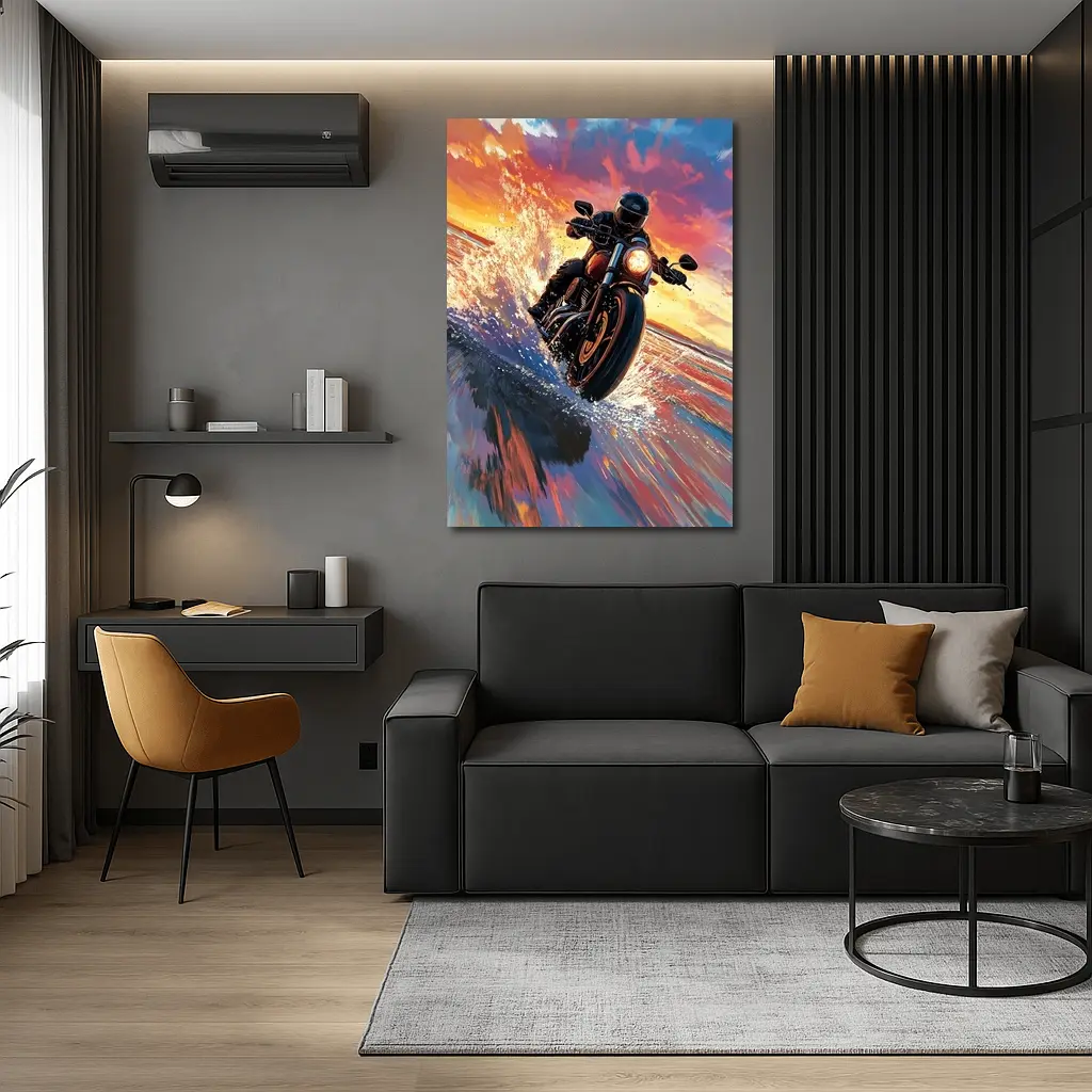 Motorcycle Rider Speeding Through Ocean Sunset – Wall Art