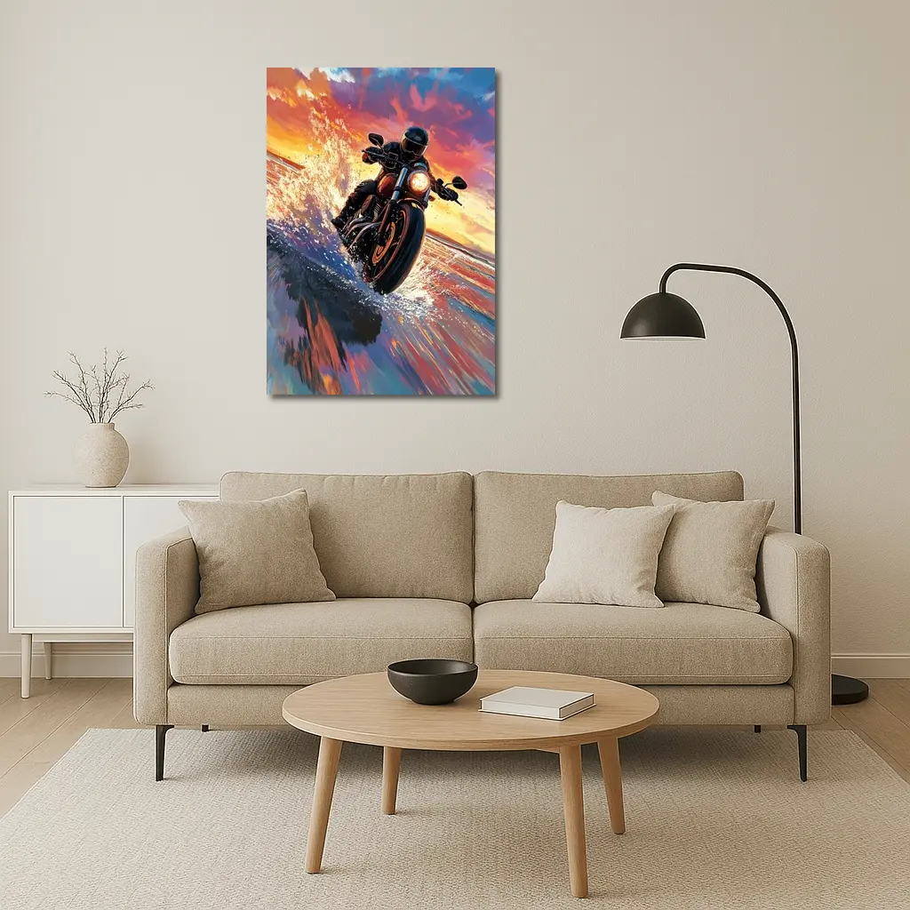 Motorcycle Rider Speeding Through Ocean Sunset – Wall Art