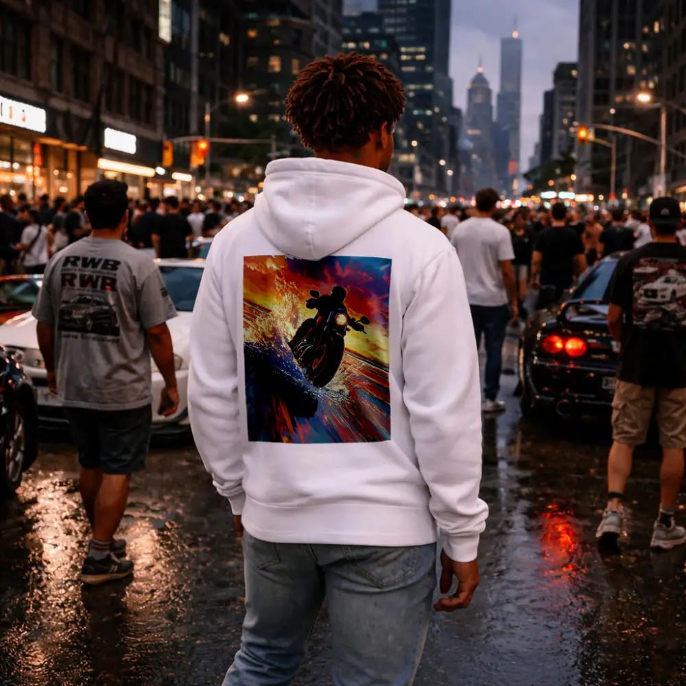 Motorcycle Rider Speeding Through Ocean Sunset – Hoodies