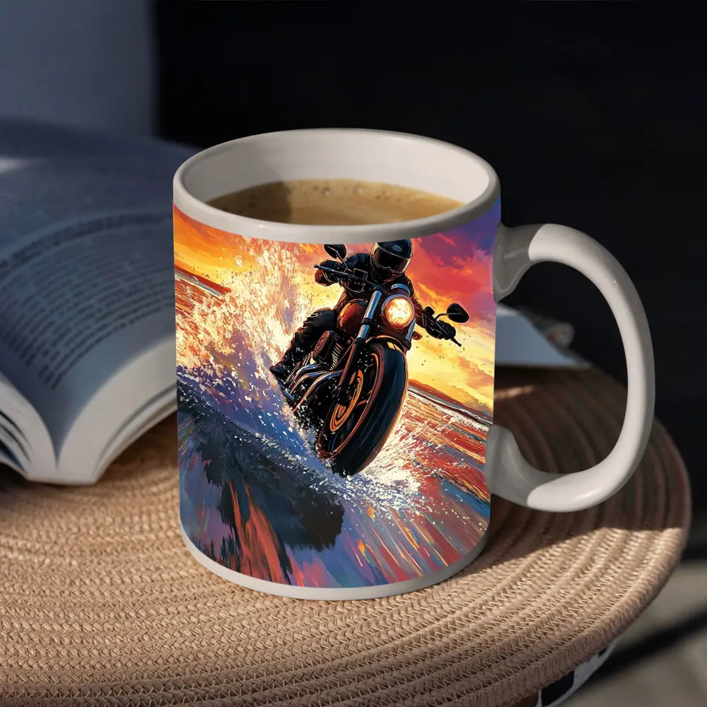Motorcycle Rider Speeding Through Ocean Sunset – Mugs