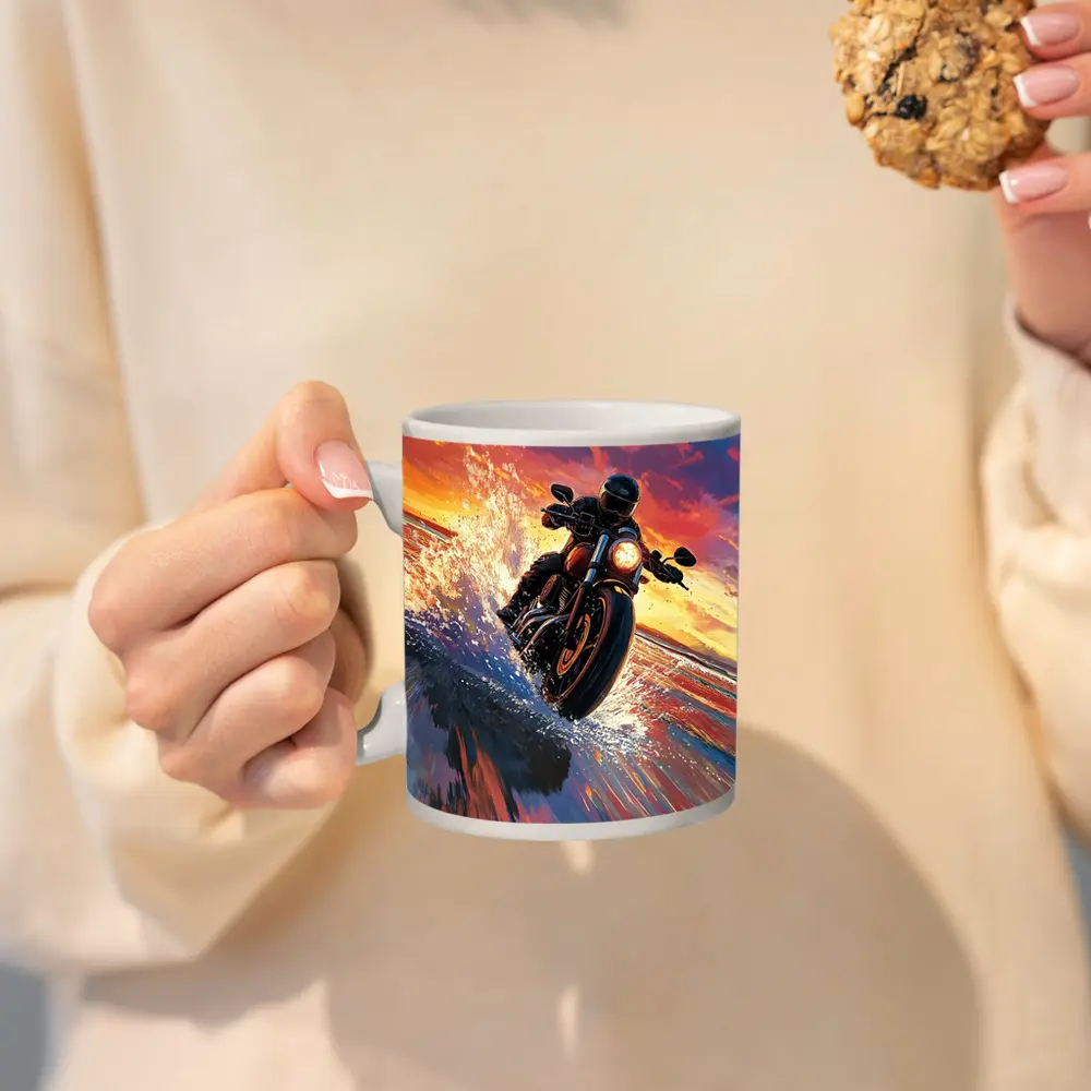 Motorcycle Rider Speeding Through Ocean Sunset – Mugs