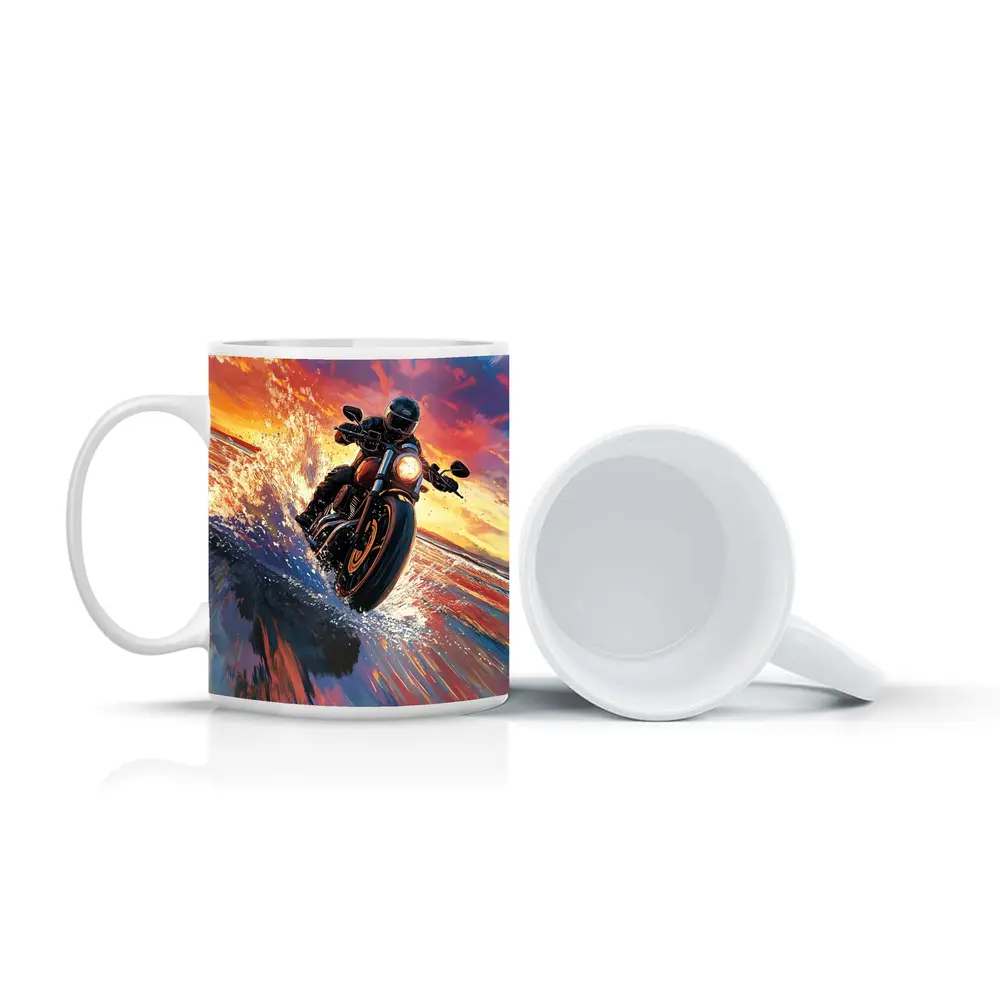Motorcycle Rider Speeding Through Ocean Sunset – Mugs