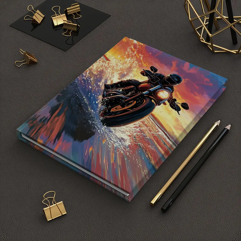 Motorcycle Rider Speeding Through Ocean Sunset – Notebooks