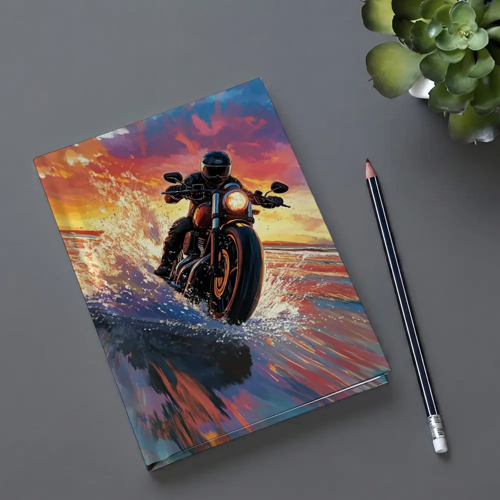 Motorcycle Rider Speeding Through Ocean Sunset – Notebooks