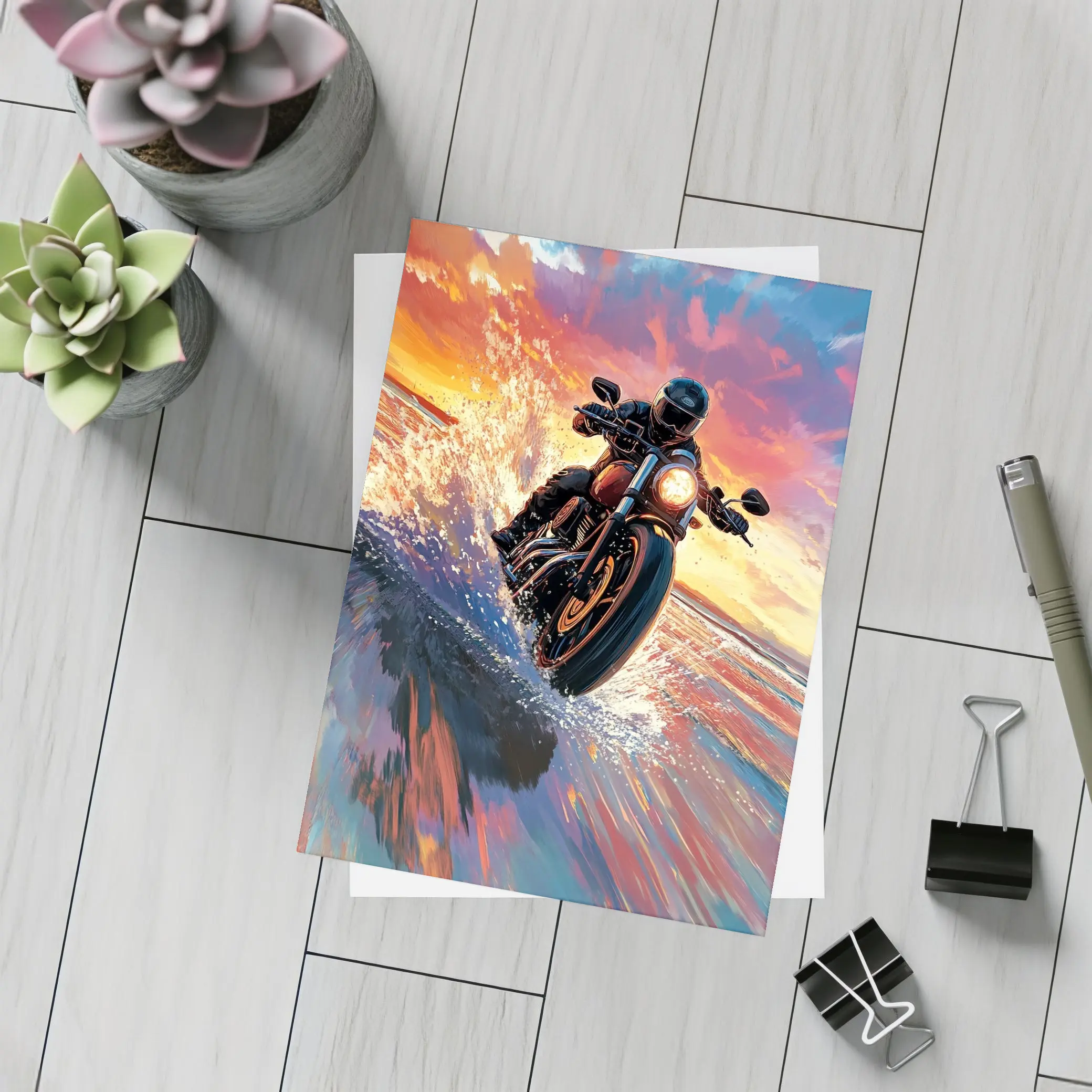 Motorcycle Rider Speeding Through Ocean Sunset – Postcards