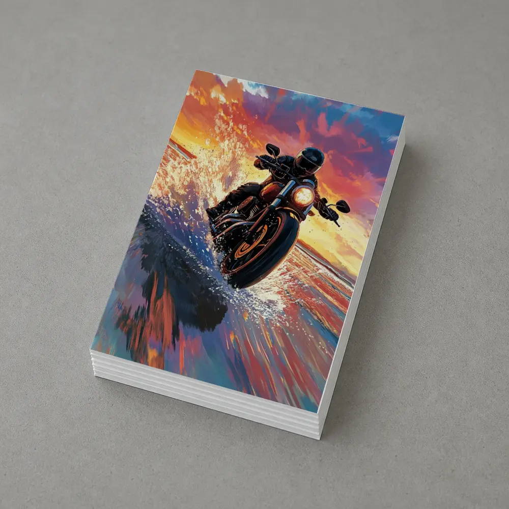 Motorcycle Rider Speeding Through Ocean Sunset – Postcards