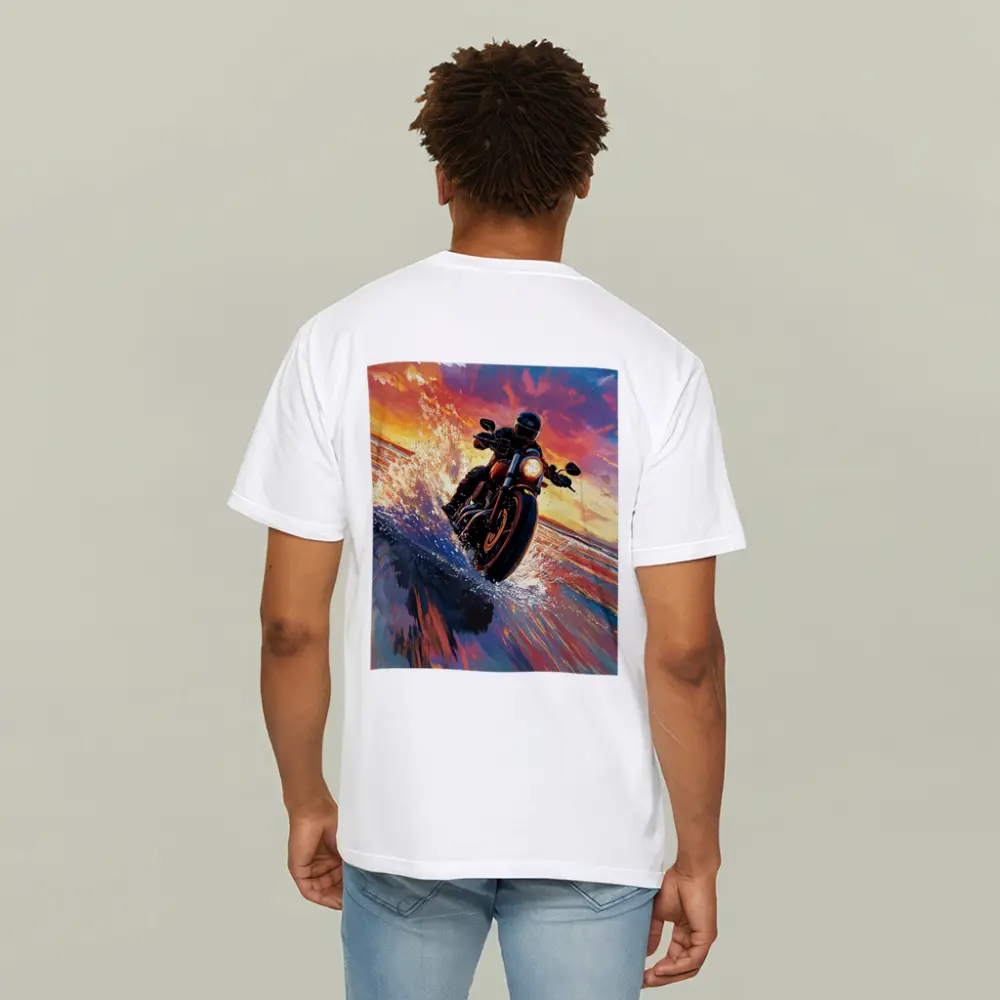 Motorcycle Rider Speeding Through Ocean Sunset – T-Shirts