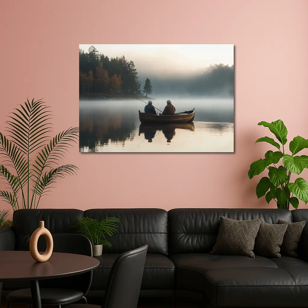 Two Men Fishing Misty Lake Autumn Morning – Wall Art