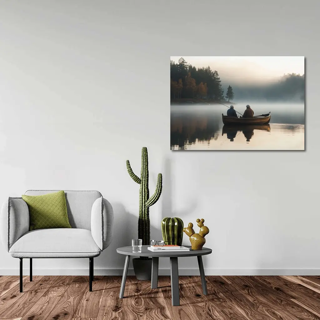 Two Men Fishing Misty Lake Autumn Morning – Wall Art