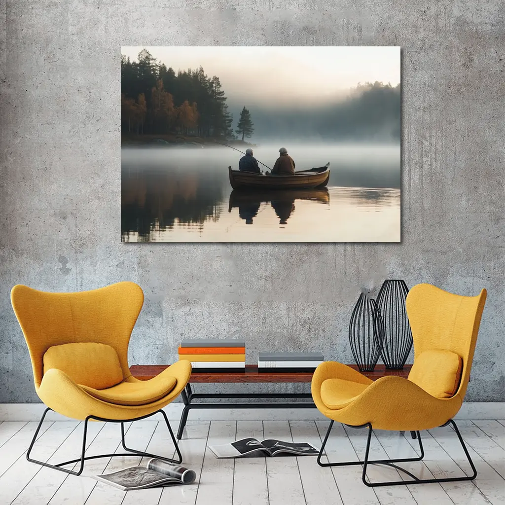 Two Men Fishing Misty Lake Autumn Morning – Wall Art