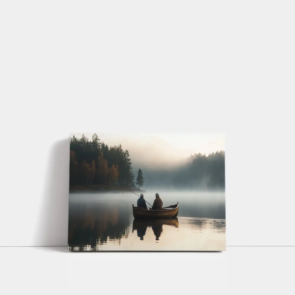 Two Men Fishing Misty Lake Autumn Morning – Wall Art
