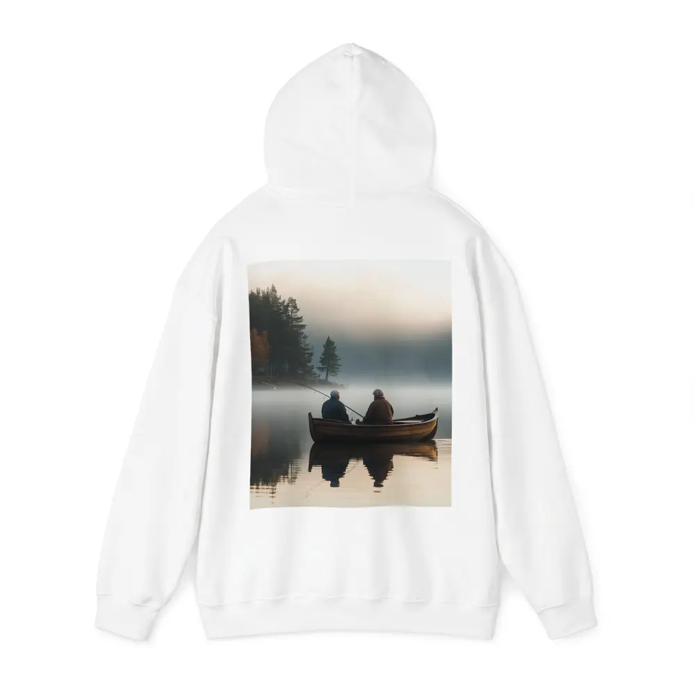Two Men Fishing Misty Lake Autumn Morning – Hoodies