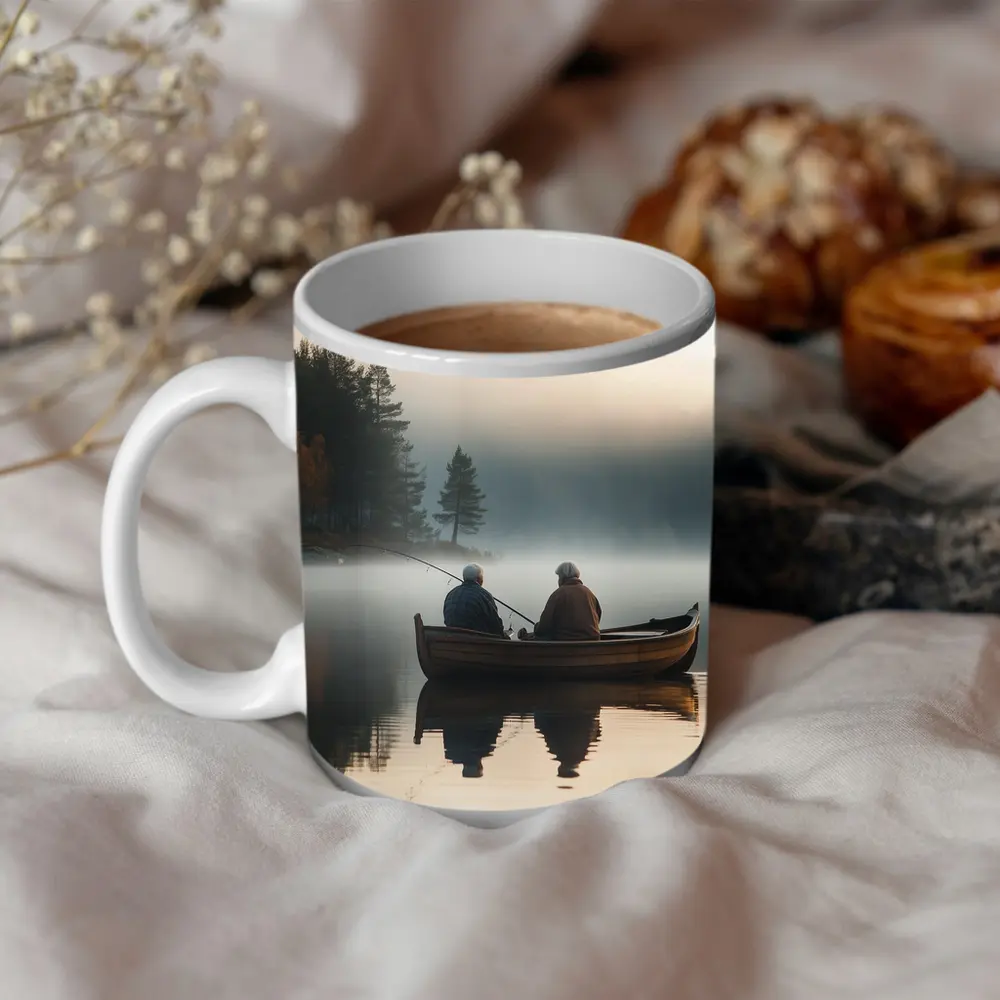 Two Men Fishing Misty Lake Autumn Morning – Mugs